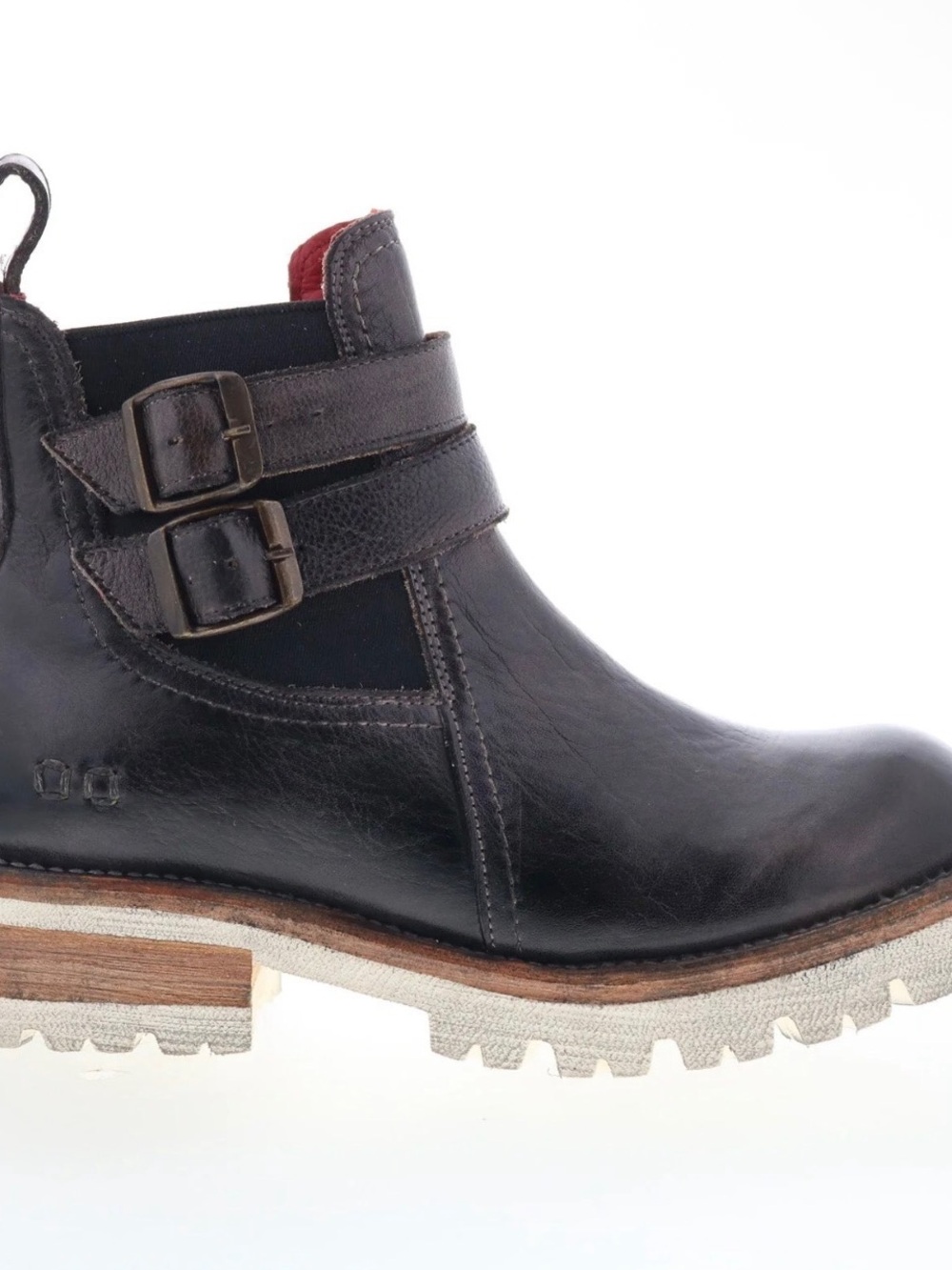Bed Stu Black Leather Double-Buckle Ankle Bootie with Red Accent
